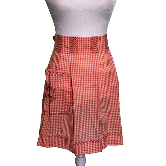 Homemade Half Apron w/ Front Pockets Orange Gingham Black Embroidery - Picture 1 of 4